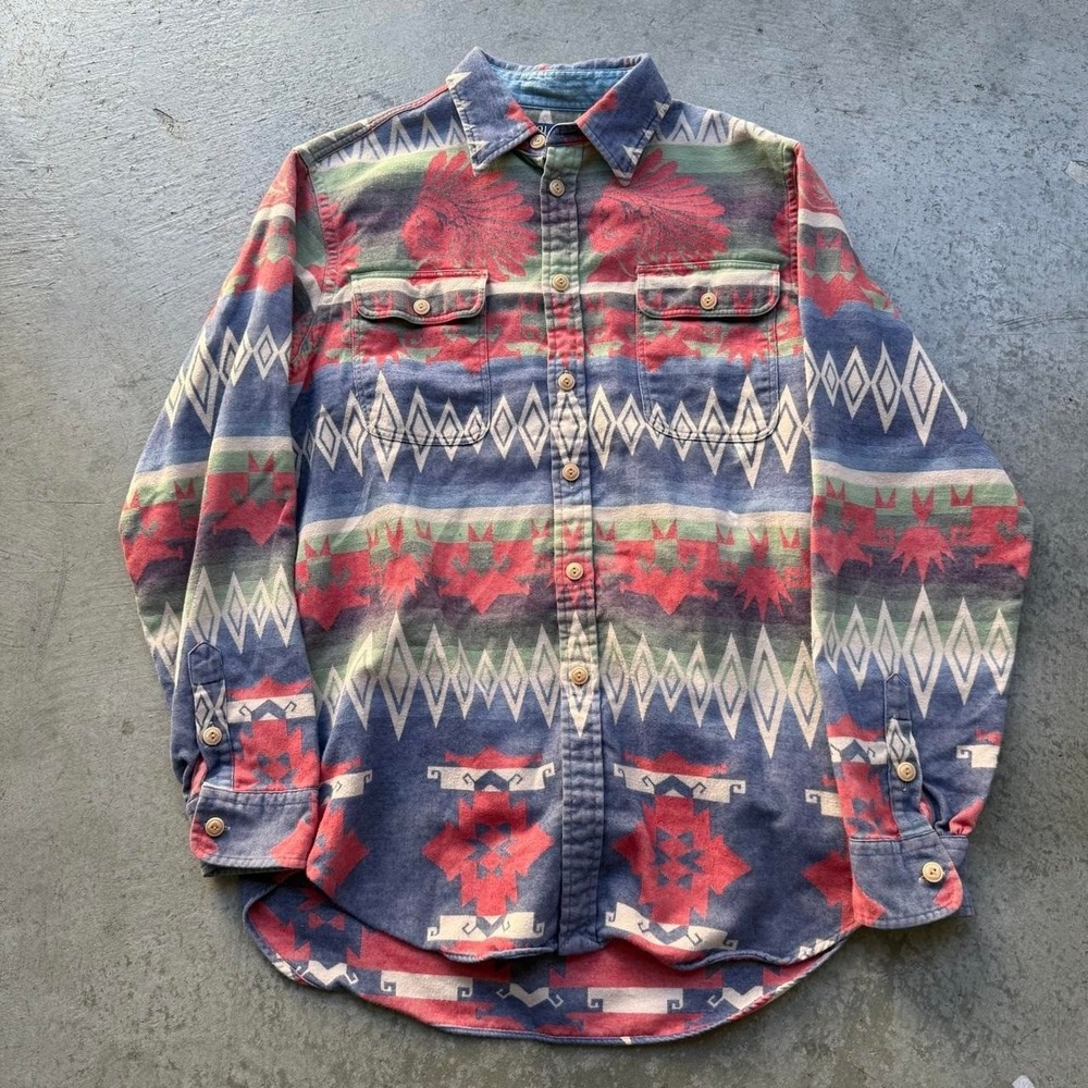 VTG 90s Polo Ralph Lauren Southwestern Aztec Native Indian Head Chief Shirt XL